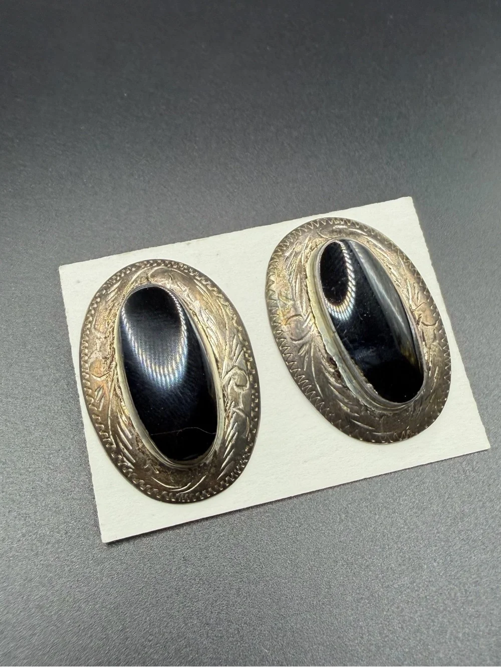 Vintage Sterling Silver 925 PAJ Black Onyx Carving Stud Earrings Jewelry
